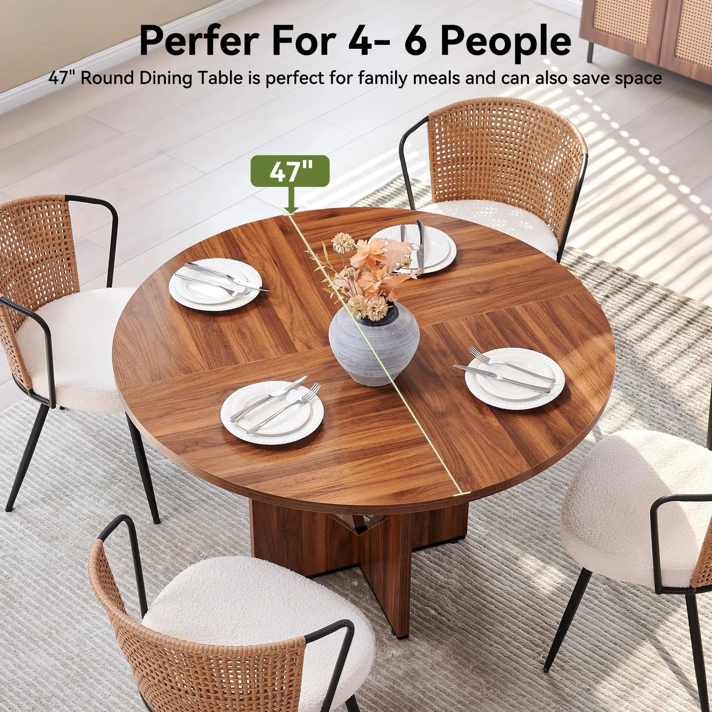 Round Dining Table for 4, 47 Inches Farmhouse Dinner Table with Wooden Pedestal Base, Modern