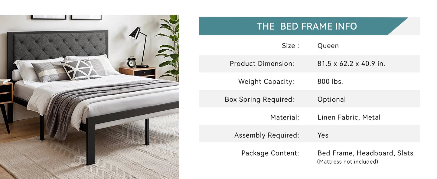Metal Bed Frame with Upholstered Finely Stitched Headboard, Linen Fabric, Sturdy Foundation, No Box Spring Needed