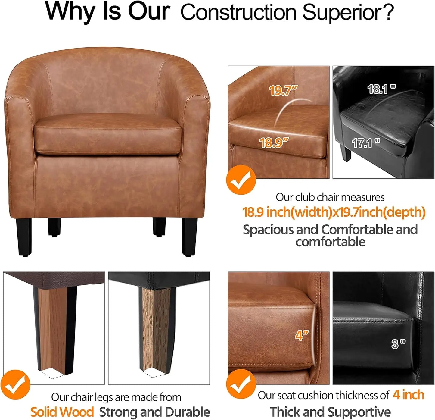 Accent Chairs Set of 2, Faux Leather Barrel Chairs