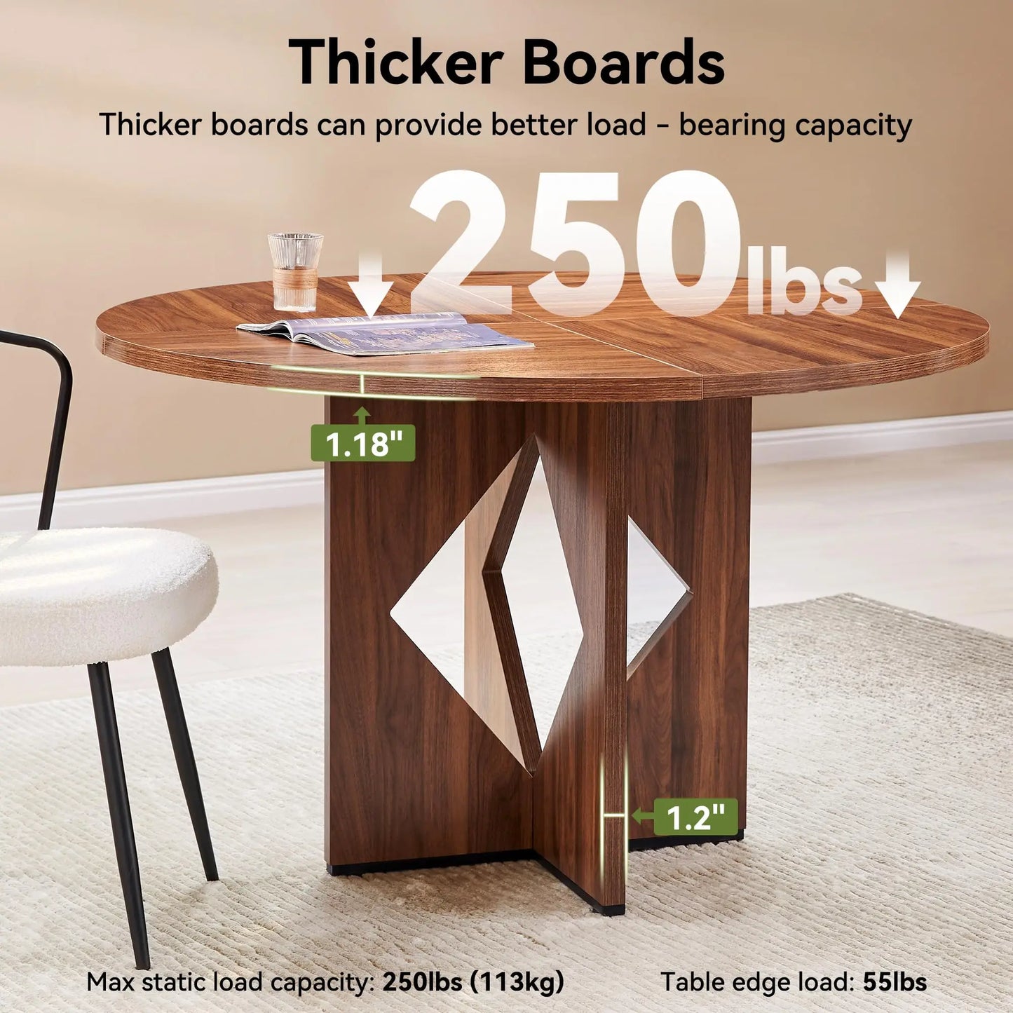 Round Dining Table for 4, 47 Inches Farmhouse Dinner Table with Wooden Pedestal Base, Modern