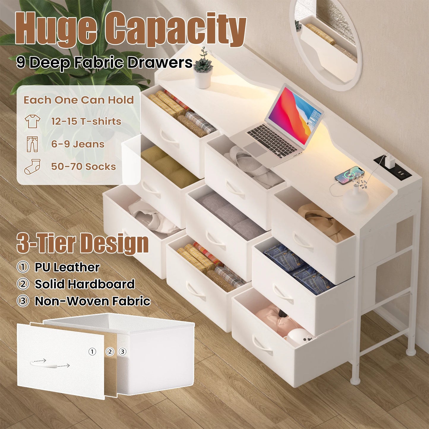 Dresser for Bedroom, 9 Drawers with LED Lights & Charging Station-White