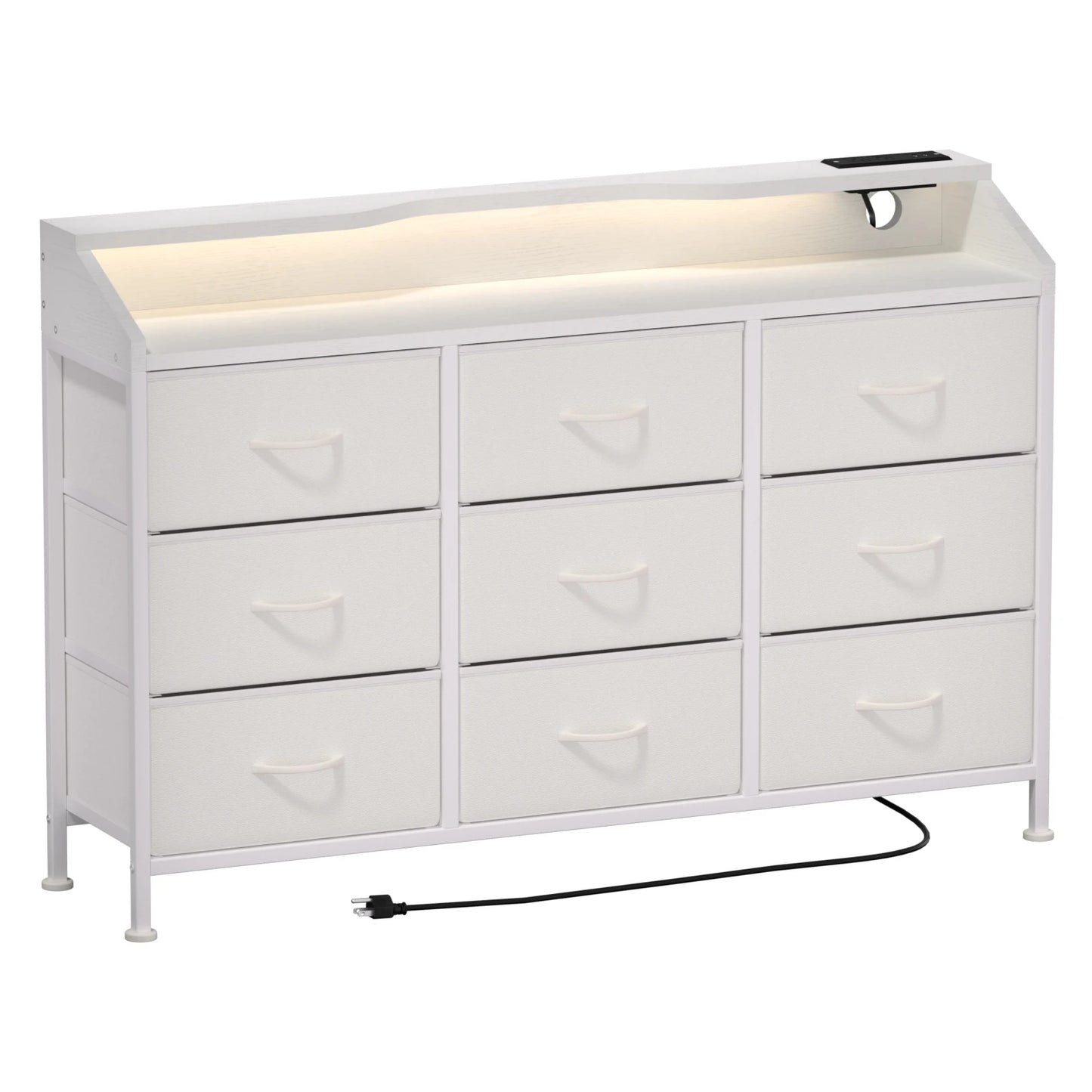 Dresser for Bedroom, 9 Drawers with LED Lights & Charging Station-White