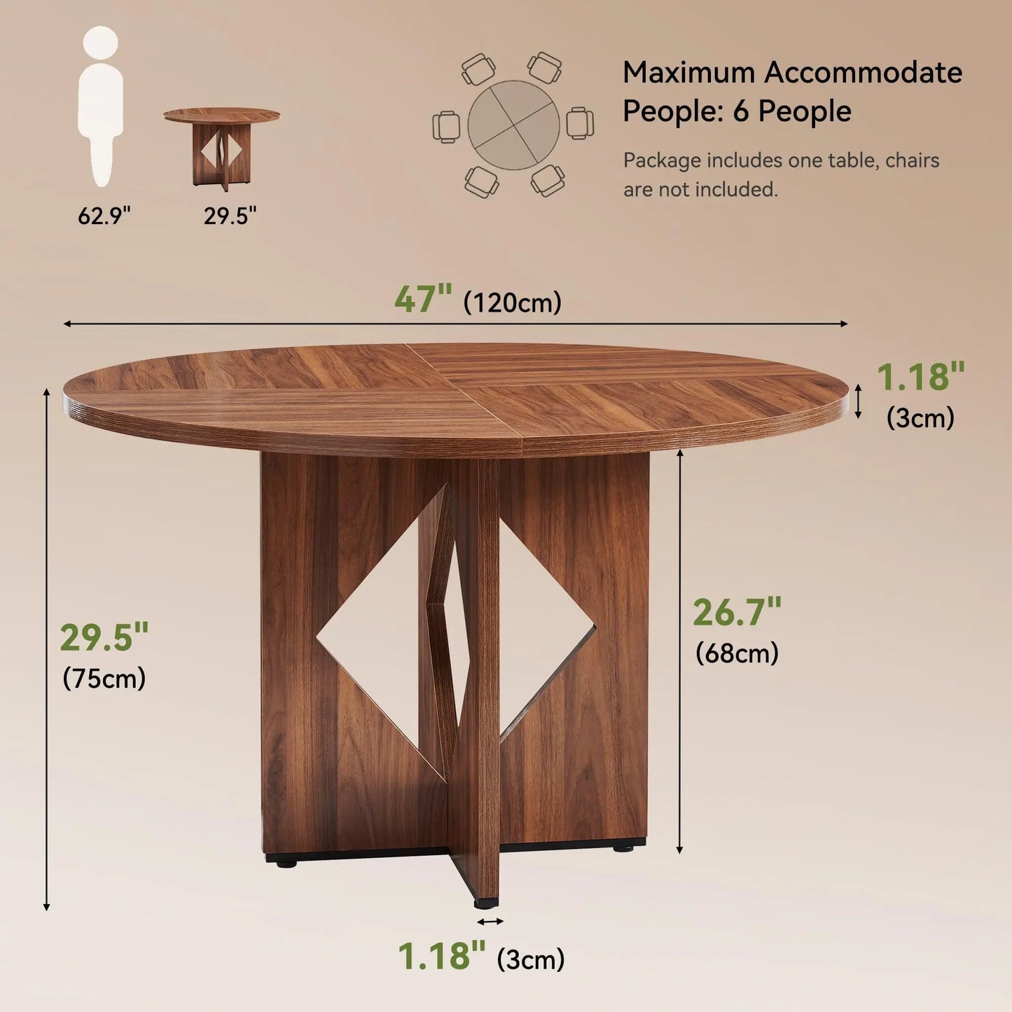 Round Dining Table for 4, 47 Inches Farmhouse Dinner Table with Wooden Pedestal Base, Modern