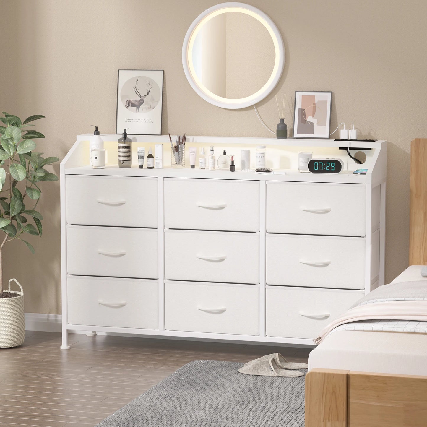 Dresser for Bedroom, 9 Drawers with LED Lights & Charging Station-White
