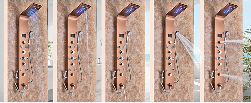 LED Bathroom Shower Panel 6 Modes Intelligent LCD Shower Column Rose Gold Rain Waterfall Bath Systems With Massage Jet Mixer Tap