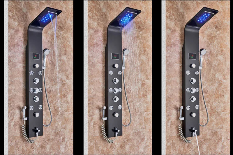 LED Bathroom Shower Panel 6 Modes Intelligent LCD Shower Column Rose Gold Rain Waterfall Bath Systems With Massage Jet Mixer Tap