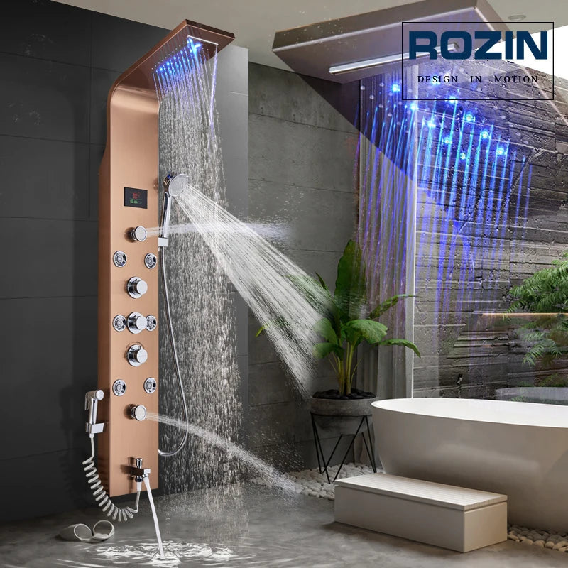 LED Bathroom Shower Panel 6 Modes Intelligent LCD Shower Column Rose Gold Rain Waterfall Bath Systems With Massage Jet Mixer Tap