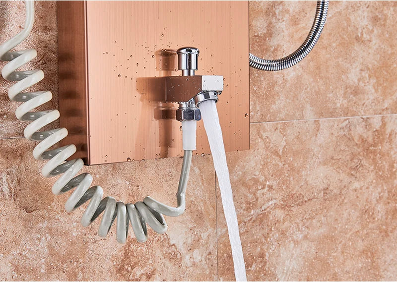 LED Bathroom Shower Panel 6 Modes Intelligent LCD Shower Column Rose Gold Rain Waterfall Bath Systems With Massage Jet Mixer Tap