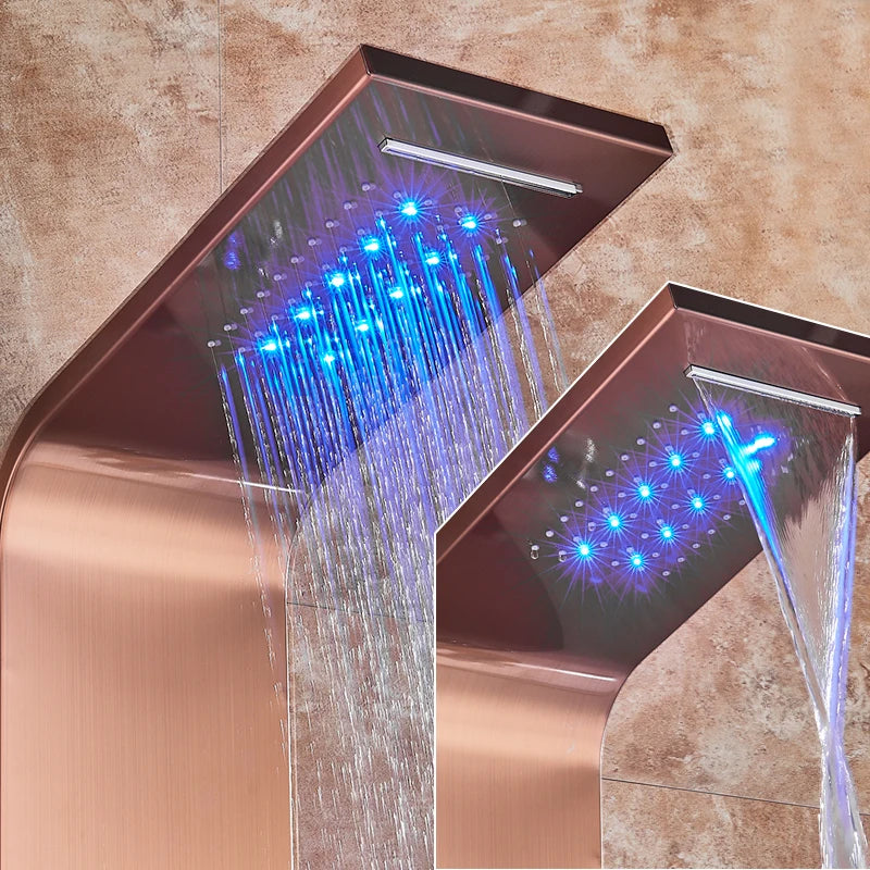 LED Bathroom Shower Panel 6 Modes Intelligent LCD Shower Column Rose Gold Rain Waterfall Bath Systems With Massage Jet Mixer Tap