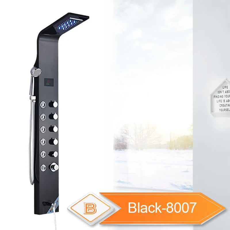 LED Bathroom Shower Panel 6 Modes Intelligent LCD Shower Column Rose Gold Rain Waterfall Bath Systems With Massage Jet Mixer Tap