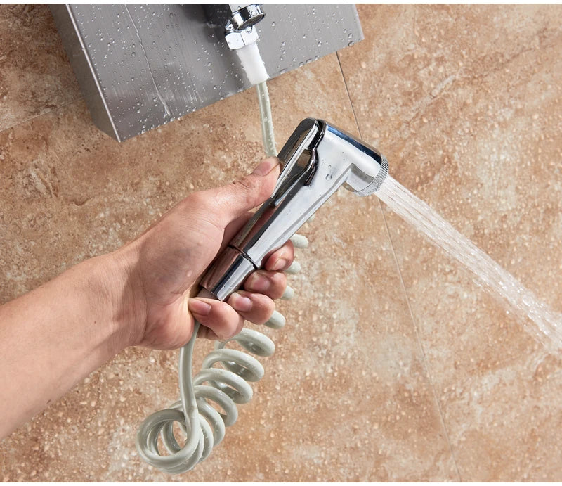 LED Bathroom Shower Panel 6 Modes Intelligent LCD Shower Column Rose Gold Rain Waterfall Bath Systems With Massage Jet Mixer Tap