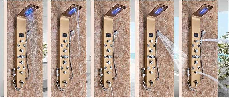 LED Bathroom Shower Panel 6 Modes Intelligent LCD Shower Column Rose Gold Rain Waterfall Bath Systems With Massage Jet Mixer Tap