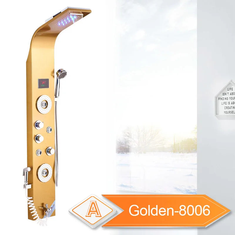 LED Bathroom Shower Panel 6 Modes Intelligent LCD Shower Column Rose Gold Rain Waterfall Bath Systems With Massage Jet Mixer Tap