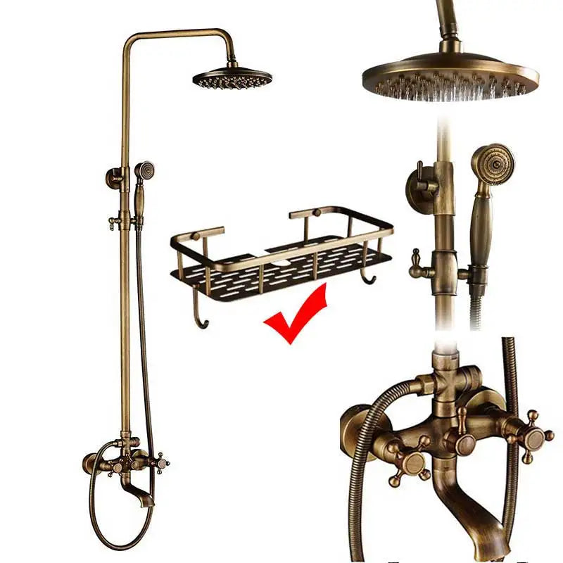 Antique Brass Shower Faucet Set Bathroom Shower Column with Shelf Rainfall Hot Cold Water Mixer Tap Handhold Shower Faucet