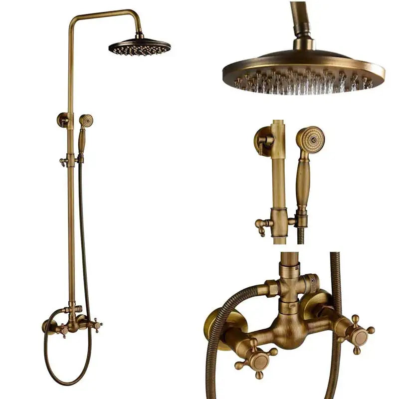 Antique Brass Shower Faucet Set Bathroom Shower Column with Shelf Rainfall Hot Cold Water Mixer Tap Handhold Shower Faucet