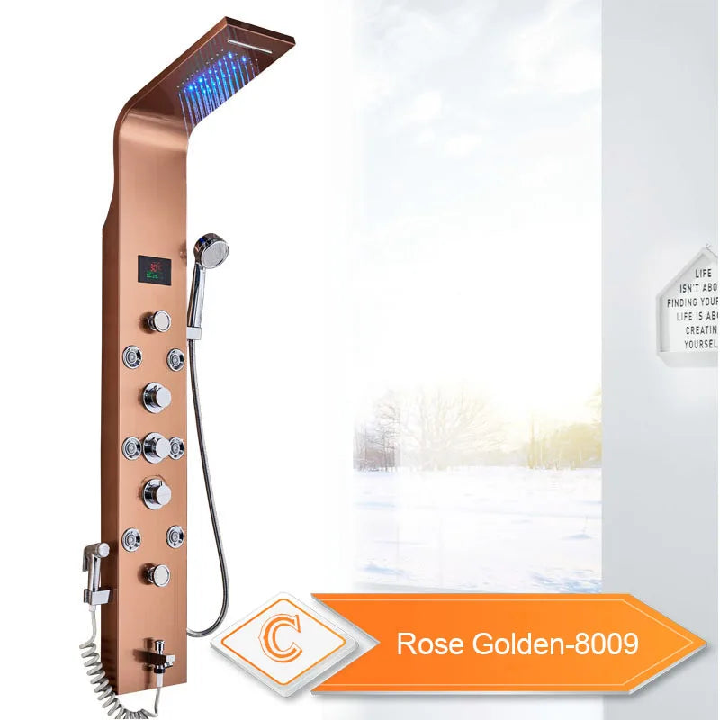 LED Bathroom Shower Panel 6 Modes Intelligent LCD Shower Column Rose Gold Rain Waterfall Bath Systems With Massage Jet Mixer Tap