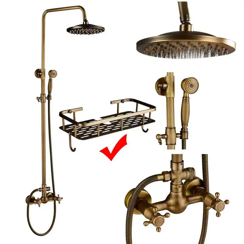 Antique Brass Shower Faucet Set Bathroom Shower Column with Shelf Rainfall Hot Cold Water Mixer Tap Handhold Shower Faucet