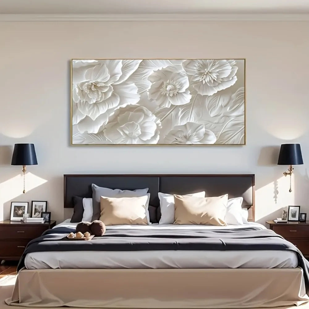 A frameless modern wall art piece depicting white flowers, a canvas poster suitable for bedroom decor, living room or hallway.