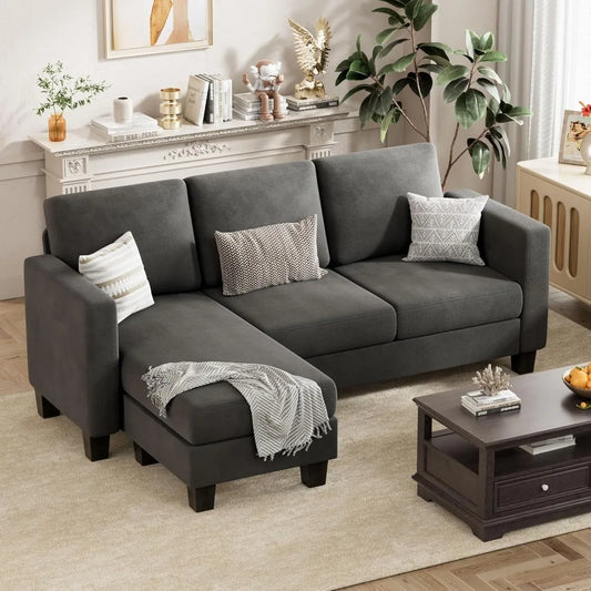 NEW-Convertible Sectional Sofa Couch, 3 Seat L-Shaped Sofa with Linen Fabric Ottoman