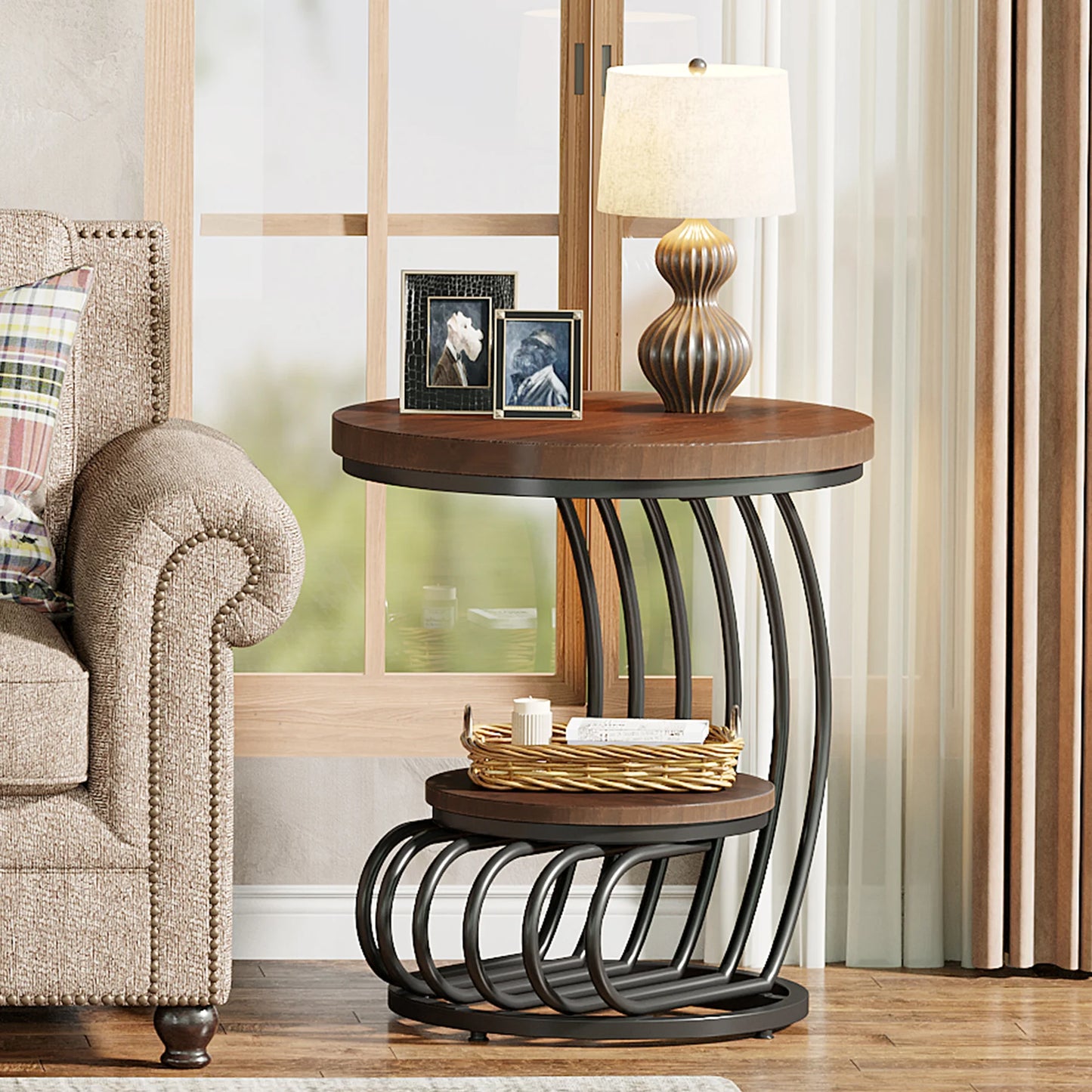 Gold Round End Table: 2 Tiers Faux Marble Side Table with Storage Shelf, Modern White Gold Bedside Nightstand