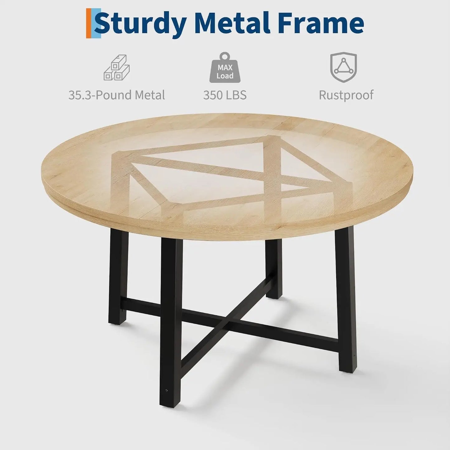 47" Round Industrial Dining Table - Rustic Wood Top w/Metal Frame, Seats 4-6 (No Chairs)