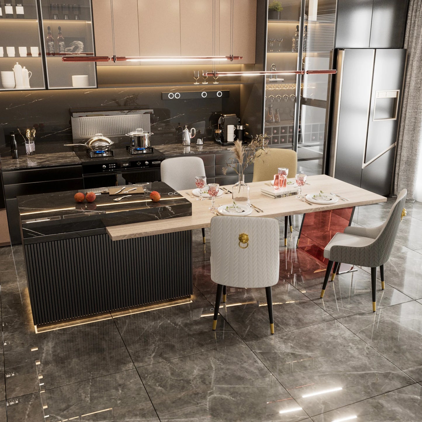 Modern PU Leather Set of 2 Dining Chairs with Metal Legs High Tufted Back Lion Head Pull Ring