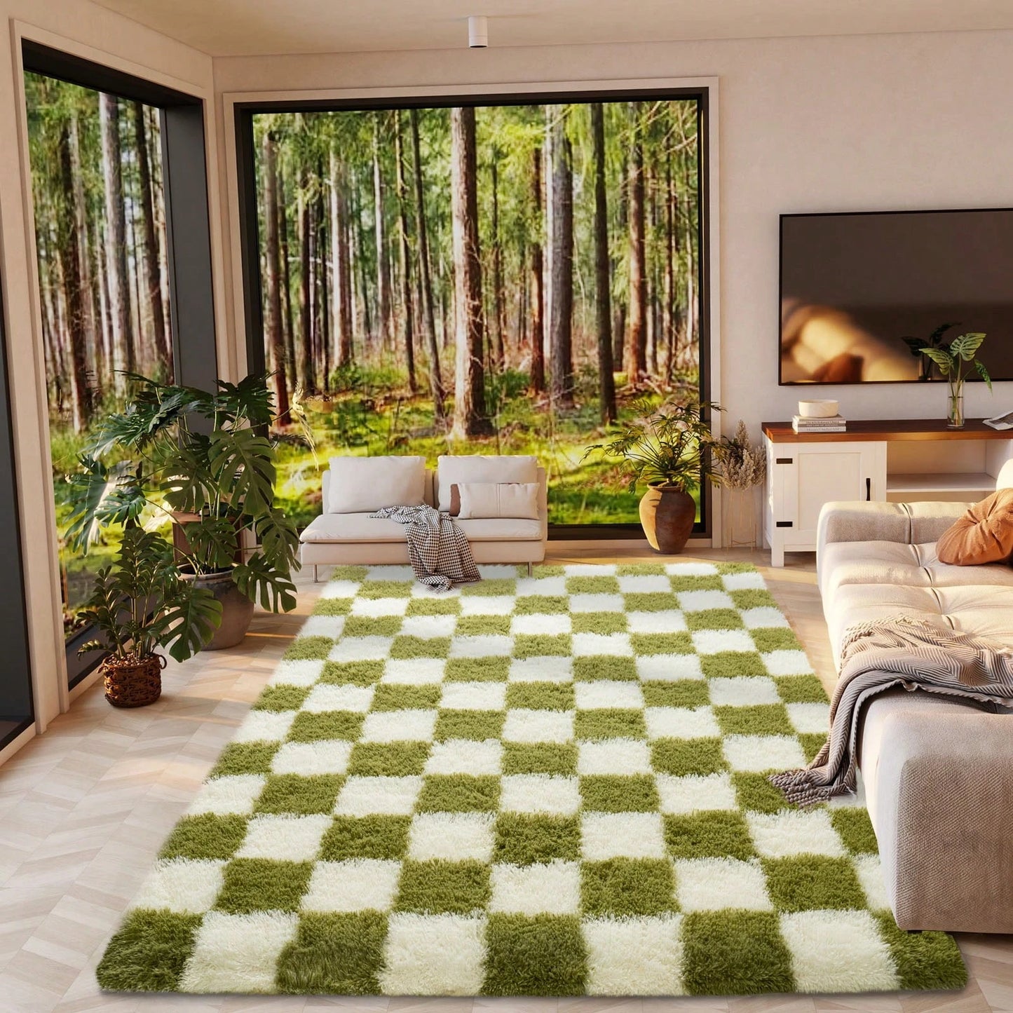 Fluffy Long Shag Plaid Area Rug for Bedroom, Living Room Washable , Super Soft Indoor Plush Rug.