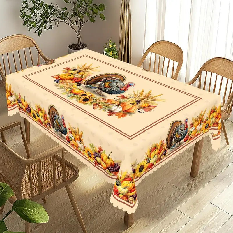 Fall Thanksgiving tablecloth with turkey, pumpkin and sunflower pattern, rectangular and round autumn harvest tablecloths