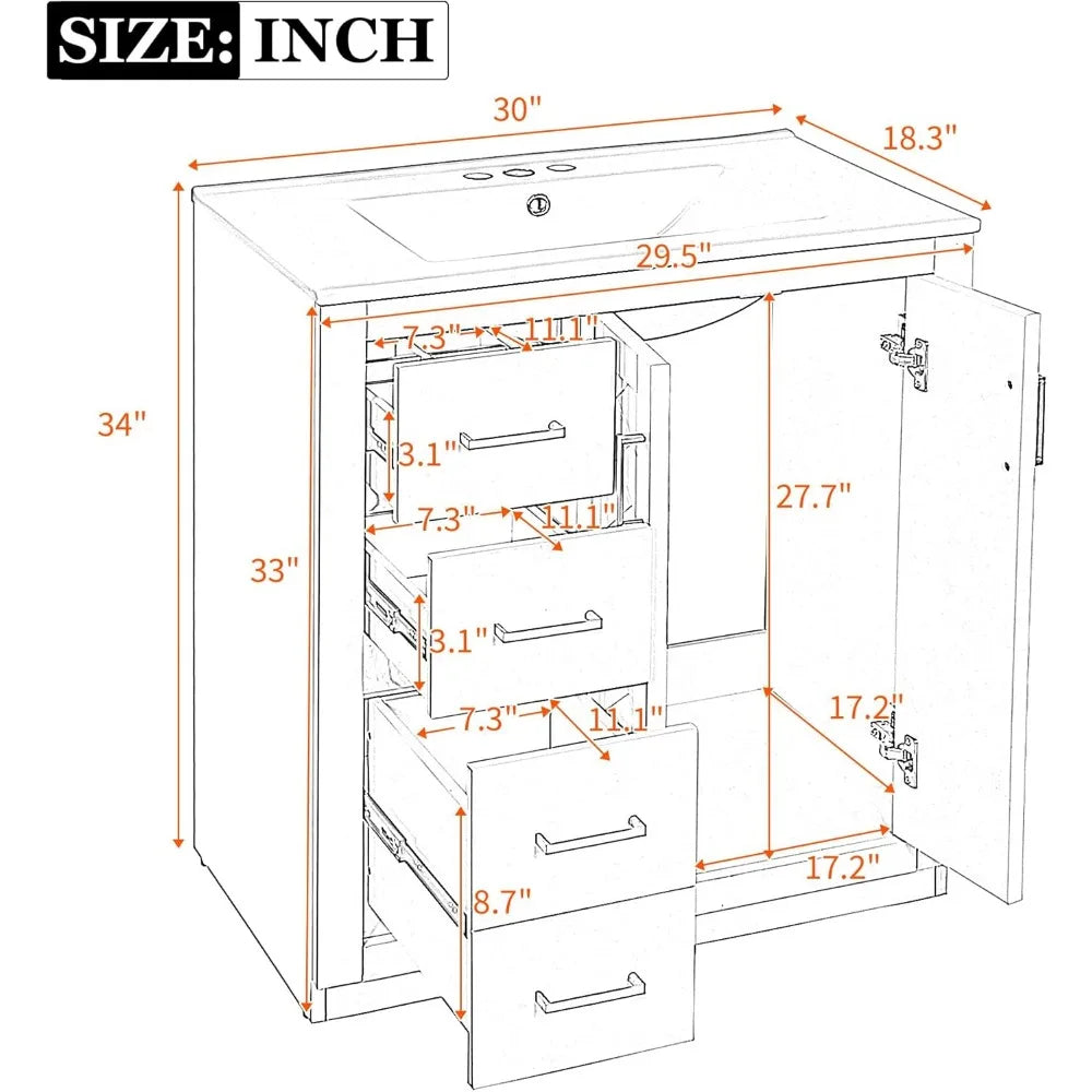 30 Inch Bathroom Vanity with Ceramic Sink, Modern Bathroom Storage Cabinet with 3 Drawers and 2 Doors