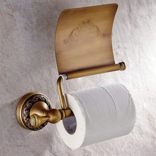 Vintage Wall Mounted Single Roll Brass Tissue Dispenser, Antique Carving Toilet Paper Holder with Cover for Bathroom Decor
