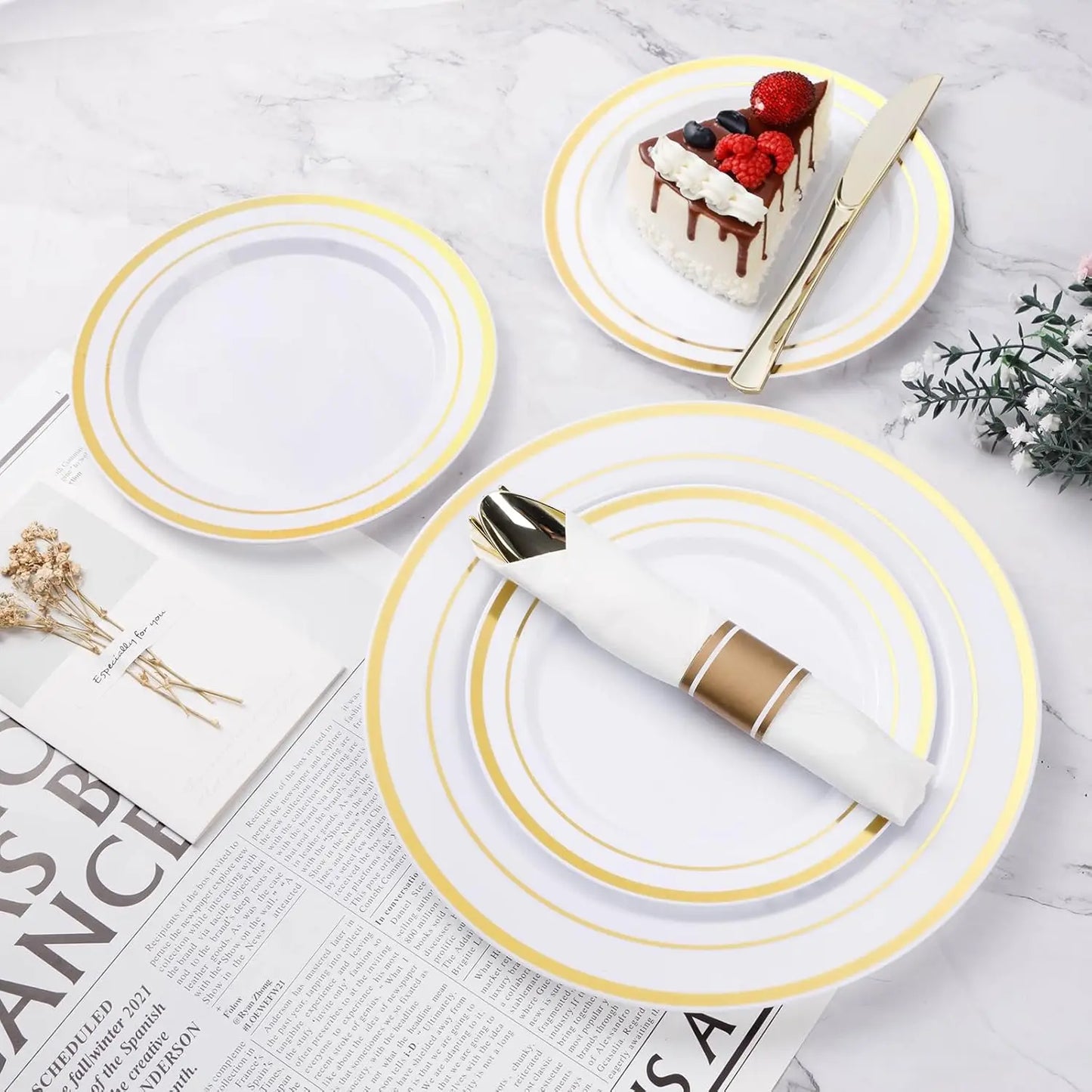 350PCS Gold Plastic Dinnerware Set, Disposable Party Plates for 50 Guests, Include: 100 Plastic Plates, 50 Pre Rolled Napkins