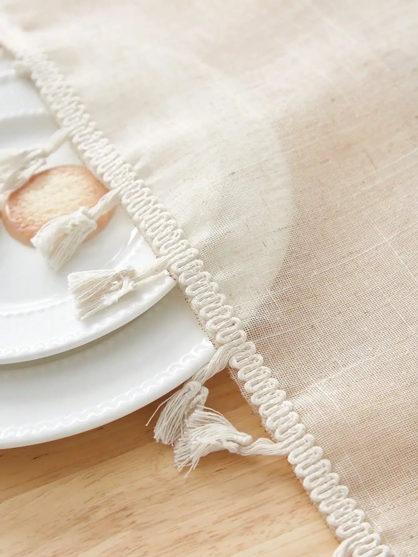 Beige linen square tablecloth, retro countryside style, kitchen living room coffee table