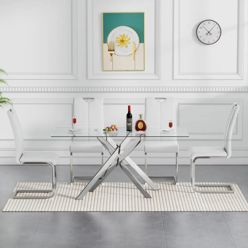 Glass Dining Table Set for 4, 5-Piece Modern Kitchen Table Set with 4 High-Back PU Leather Upholstered Chair for Kitchen Dining
