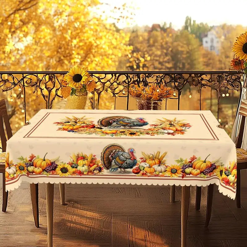 Fall Thanksgiving tablecloth with turkey, pumpkin and sunflower pattern, rectangular and round autumn harvest tablecloths