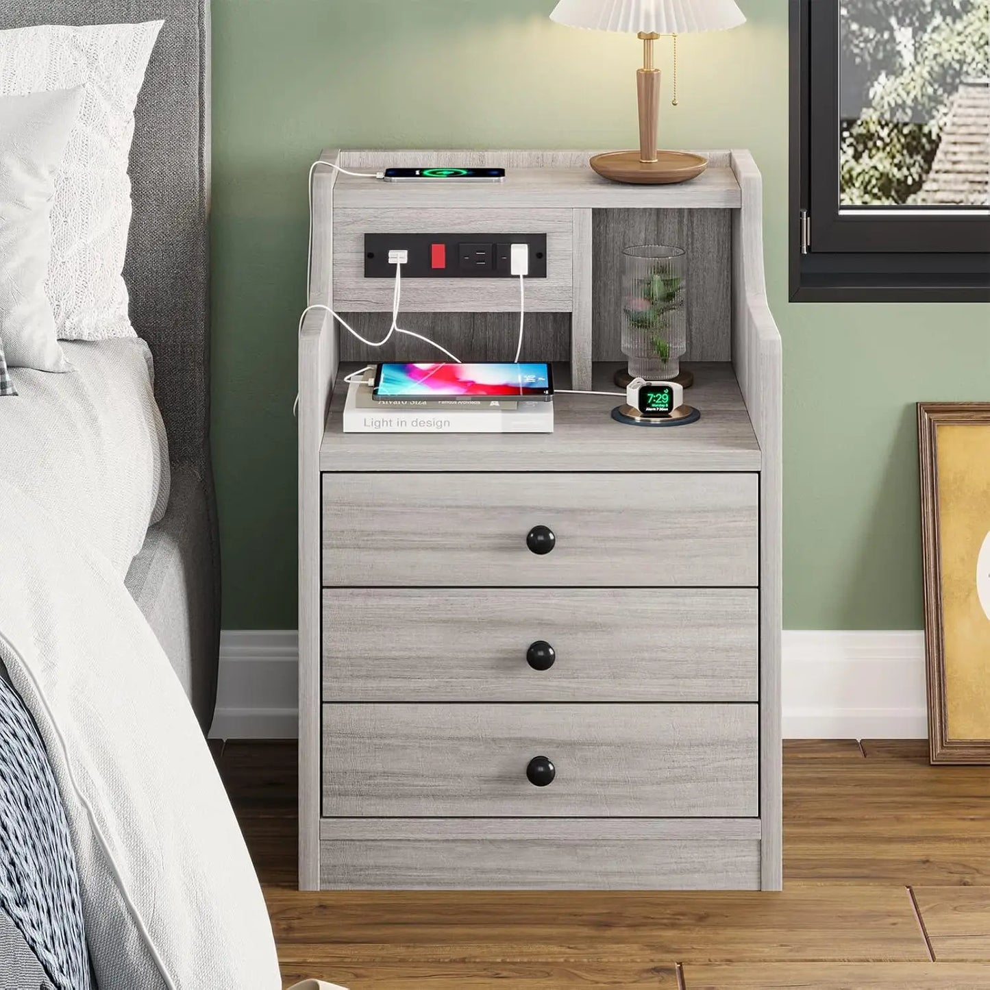 Nightstand with Charging Station,  with Hutch & Storage Drawers
