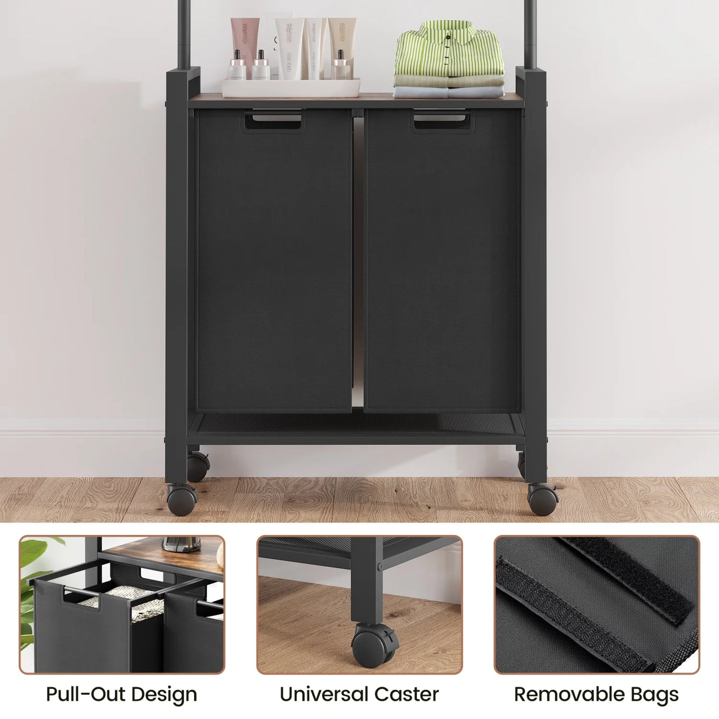 Laundry Sorter With Extendable Hanging Bar Laundry Basket With Wheels And Shelf, Laundry Room Organization And Storage