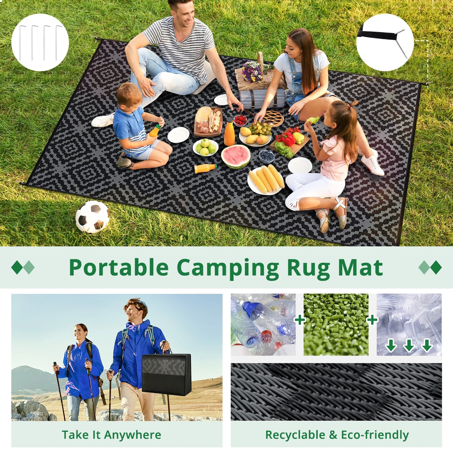 Reversible Outdoor Camping Rug, Waterproof 6x9FT