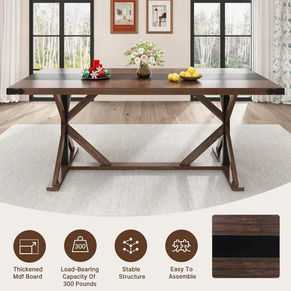 71 Inch Dining Table for 6 People, Rectangular Kitchen Farmhouse Table W/Thickness Waterproof Wood Tabletop,Long Dining Room Tab