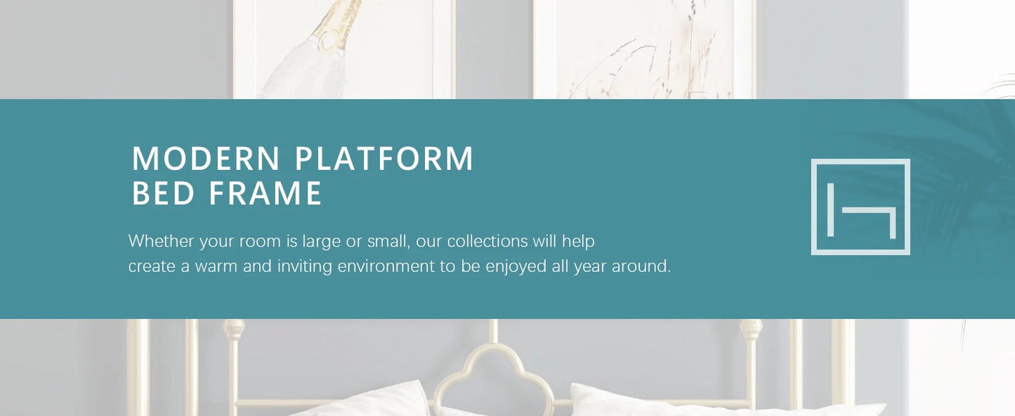 14 Inch Metal Platform Bed Frame, Vintage Victorian Style, Wrought Iron Headboard and Footboard