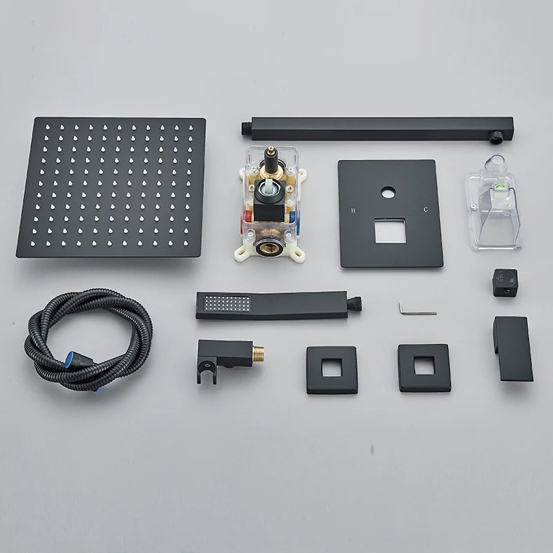 Black Concealed Shower System Rain Waterfall Bathroom Embedded Shower Faucet Set with Tub Spout
