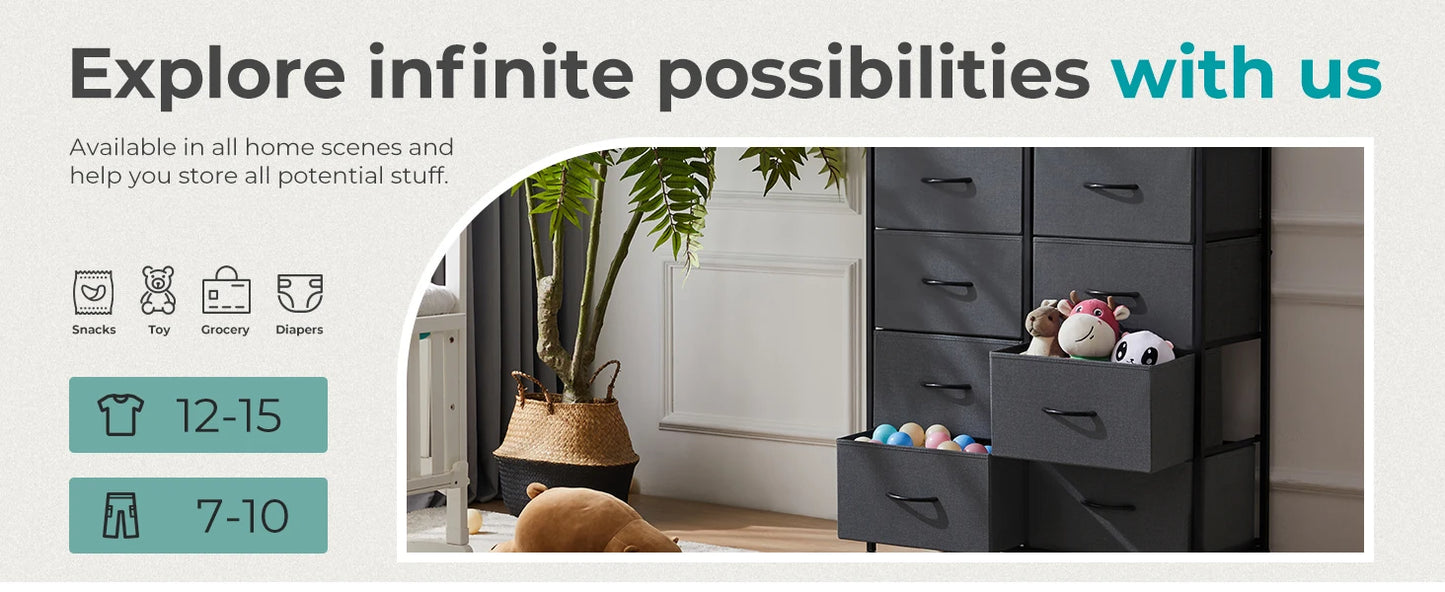 Bedside Table For Bedroom With 10 Fabric Drawers Nightstand Storage Cabinet With Steel Frame