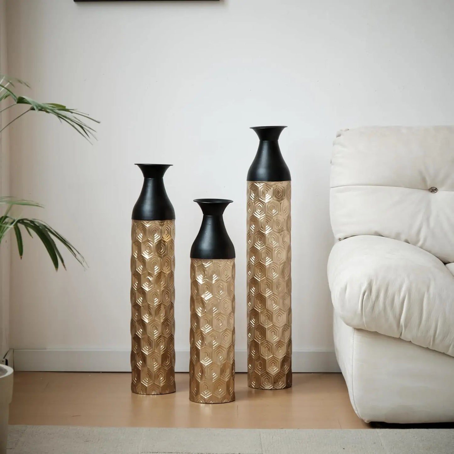 Tall Gold Metal Vase Set of 3