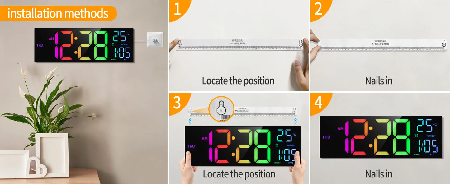16" Large Digital Wall Clock, Big LED Display with Remote, 8 RGB Color, Alarm, DST, Temperature for Living Room, Kitchen