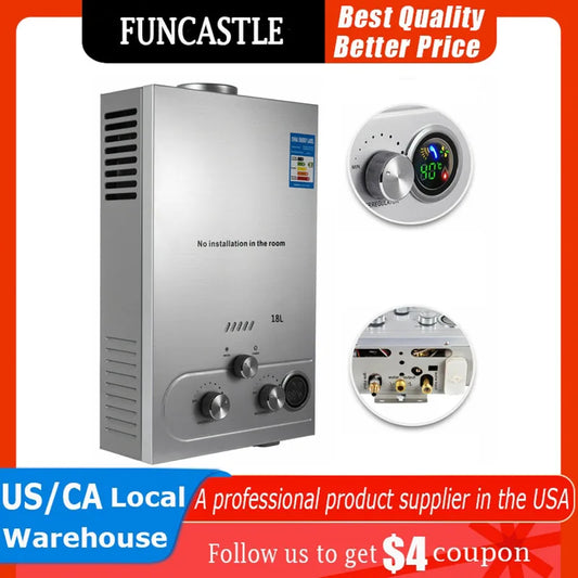 18L Hot Water Heater Propane Gas LPG/LNG On-Demand Tankless Water Heater Digital Home Bathroom Shower Head Instant Boiler Heater