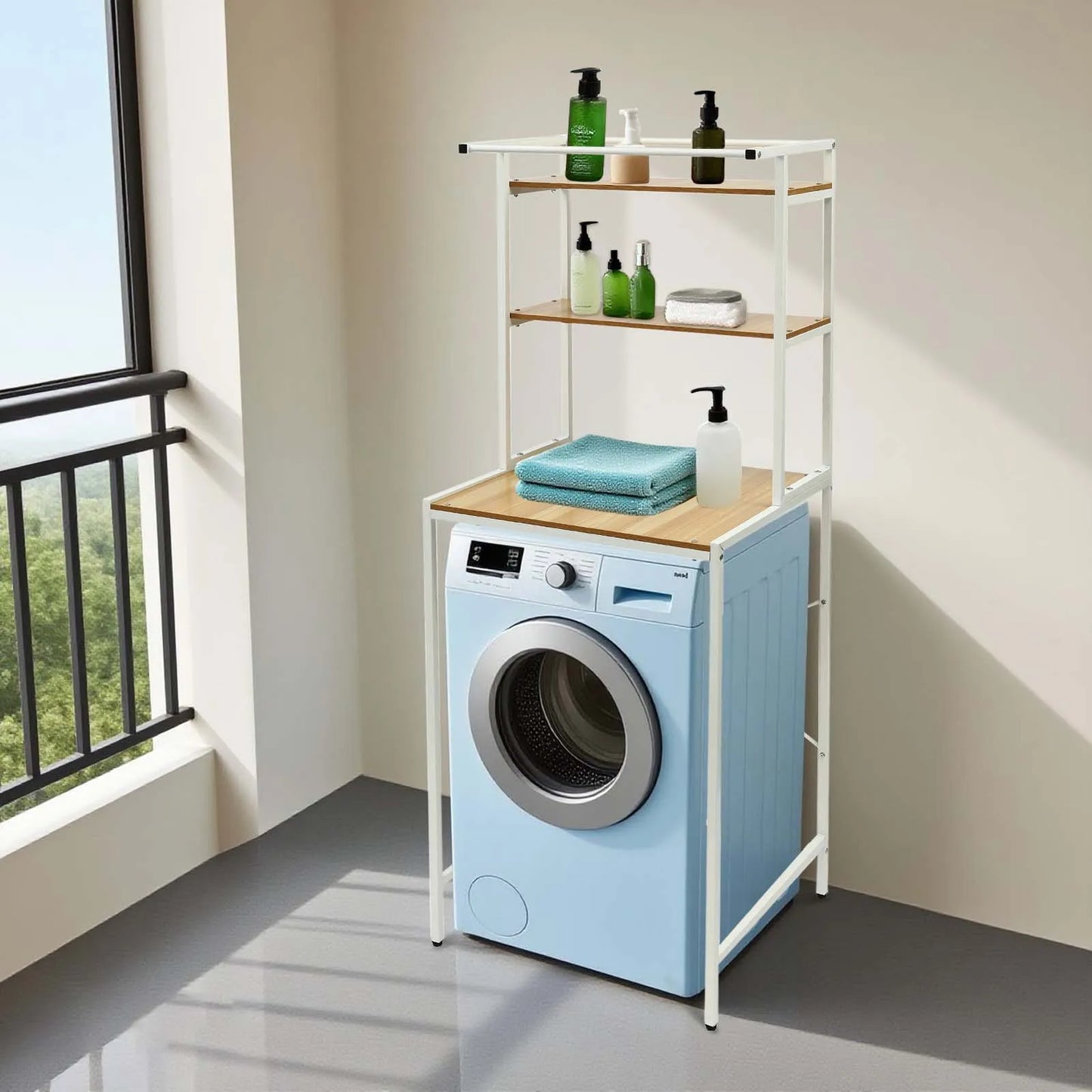 Over Washer and Dryer Storage Shelves 3 Tiers Standing Clothes Drying Rack with Basket for Laundry Room Balconies Porches