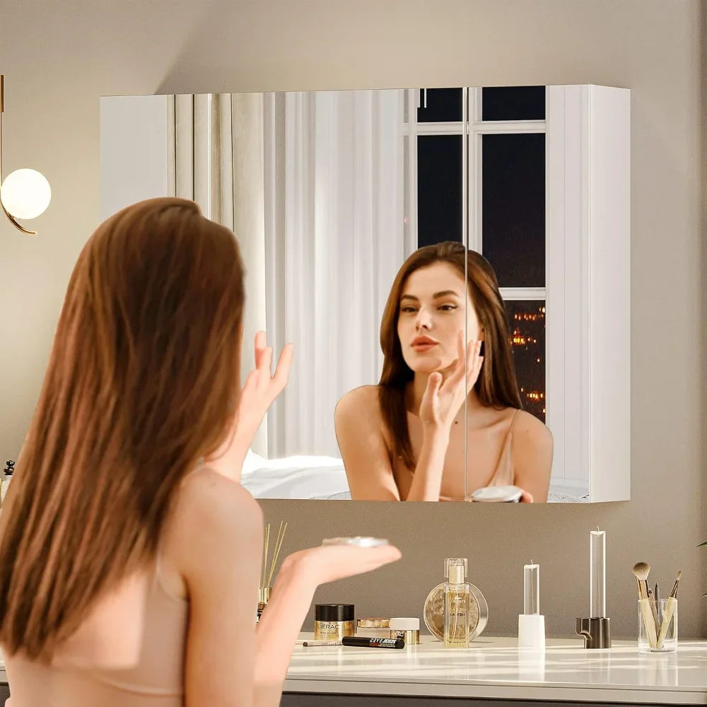 Medicine Cabinets Bathroom Mirror Cabinet with3 Door Bathroom Wall Cabinet  Wall Mirror Storage Shelf with 3-Adjustable Shelves