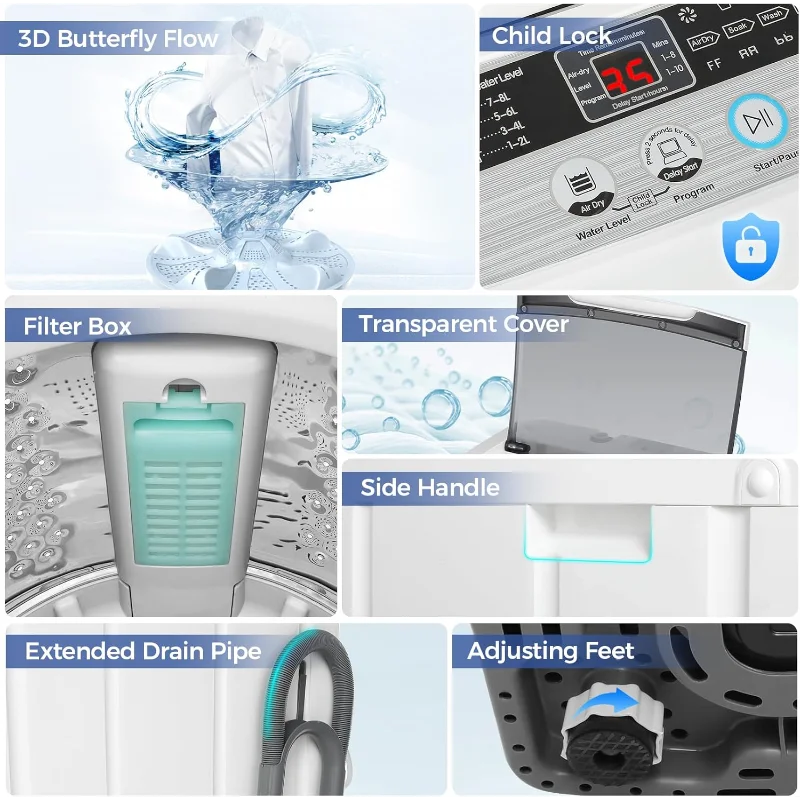 Portable Washing Machine 20Lbs Capacity 2.8 Cu. ft. Portable Washer and Dryer Combo with 10 Programs and 8 Water Level