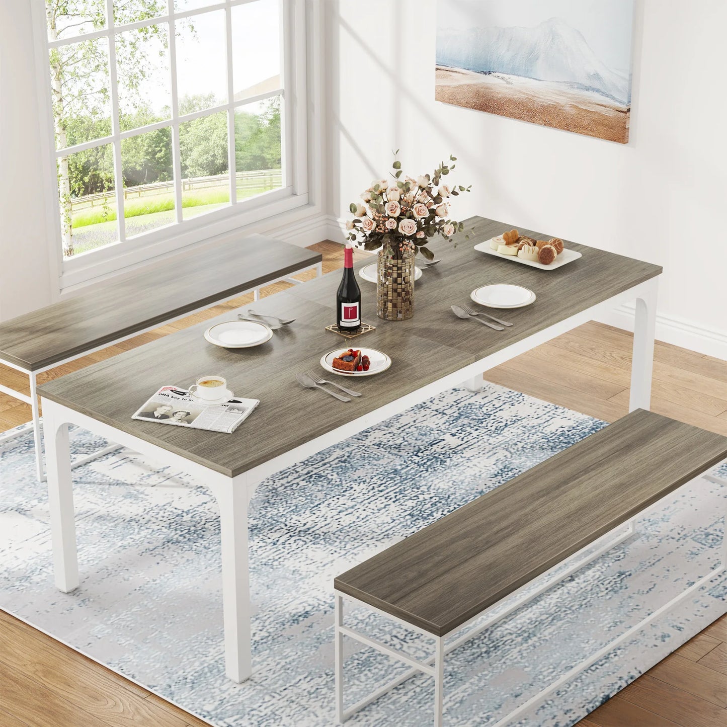 Dining Table for 6-8 People, 200cm Large Narrow Long Rectangular Kitchen Dinner Table, Rustic Wood Dining Table