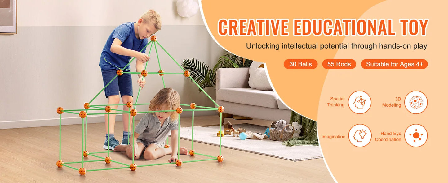 Fort Building Kit Construction Castle Tunnels Toys with 55 Rods 30 Balls Indoor Play Tent for Educational Gift Blocks