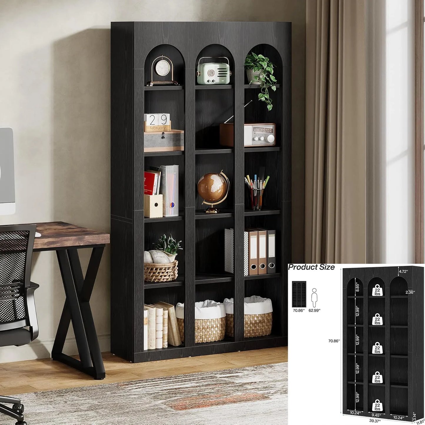 5-Tier Bookshelf, 70.87-Inch Mid Century Modern Bookcase with Open Shelves, Book Shelf Vintage Display Storage for Home Office